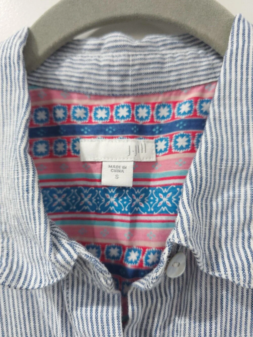 J.Jill Coastal Linen Striped Button Front Shirt with Printed Back Detail
